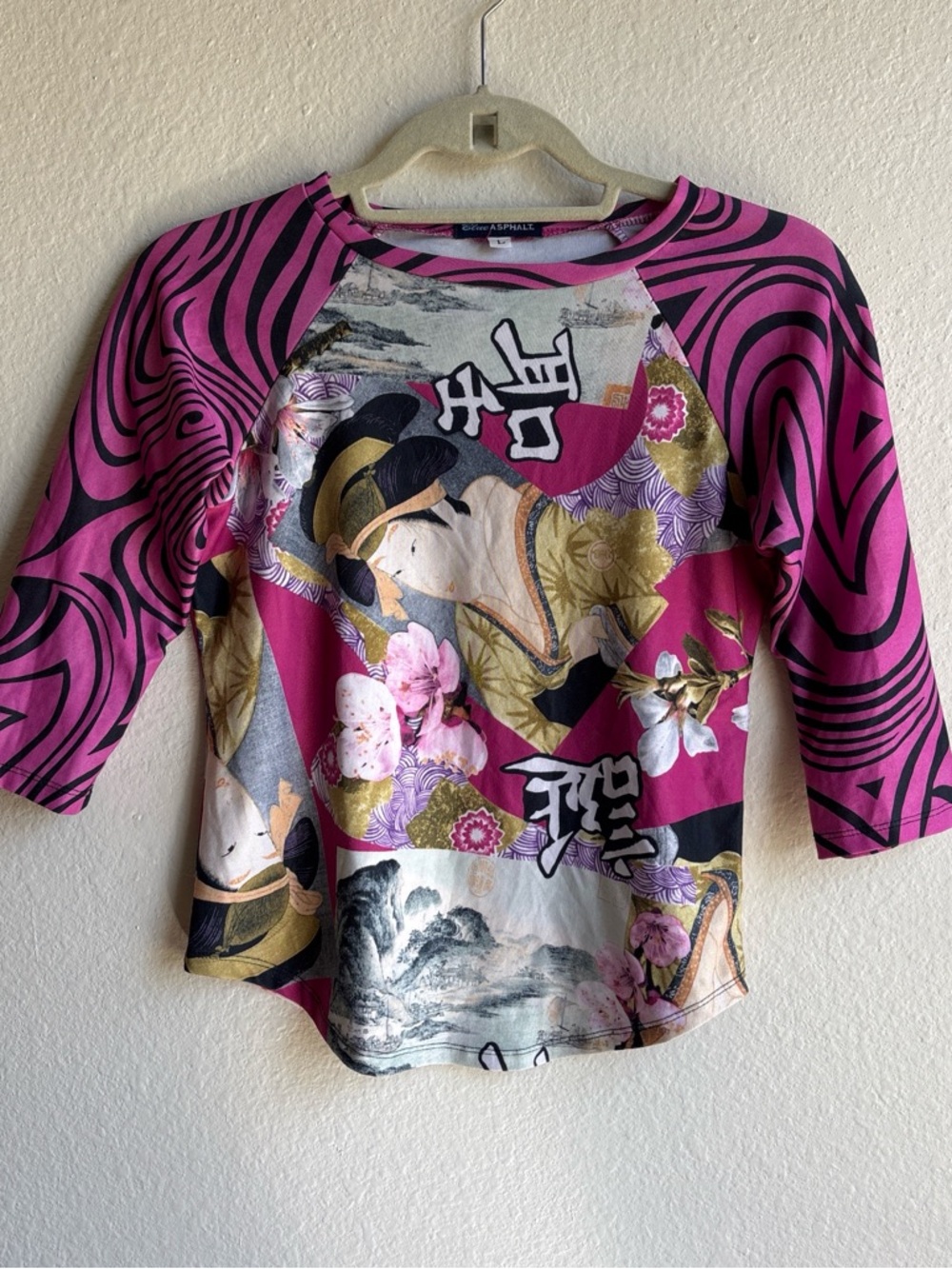 Vintage 90s Y2K Blue Asphalt Japanese Art Pop Geisha Abstract Graphic Top Size L